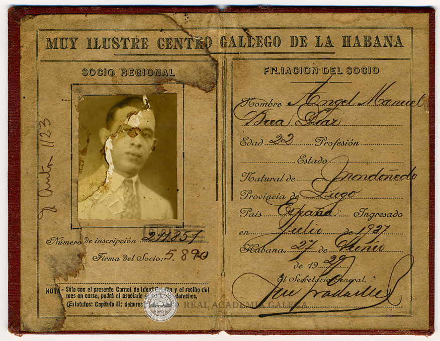 Interior of the membership card, filled in by hand with the member's name, age and birthplace