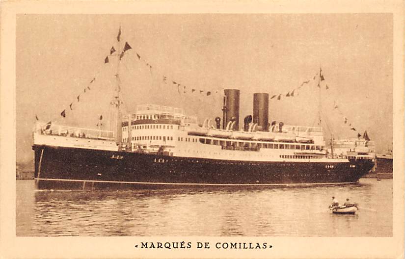 Postcard of the liner Marqués de Comillas dressed with signal flags
