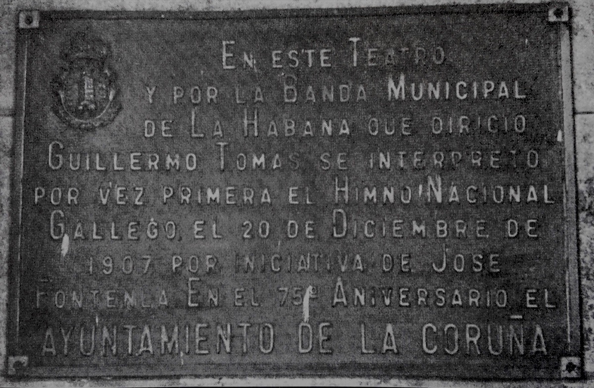 Bronze plaque commemorating the first performance of the Galician anthem at the theater in Havana on 20 December 1907